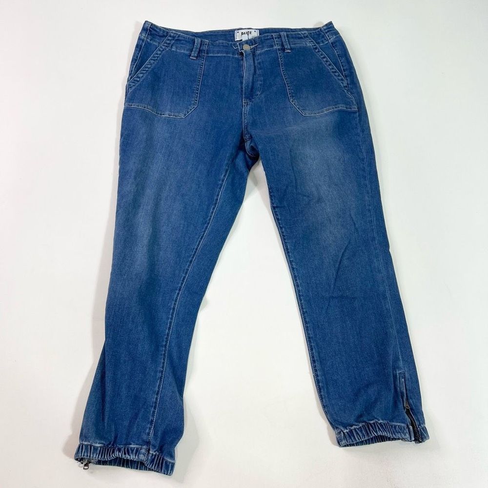 Paige Mayslie Jogger Womens 32 Blue Mid Rise Back Pockets Elasticated Zip Ankles